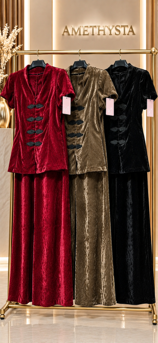 Compleu elegant din catifea cu sclipici, pantalon larg si top cu detalii asiatice [2]