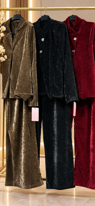 Compleu elegant din catifea cu sclipici, sacou cu guler inalt si pantalon larg [2]