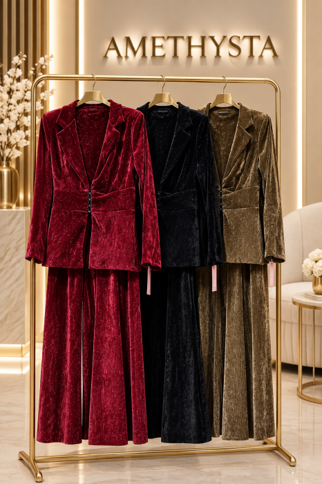 Compleu elegant din catifea cu sclipici, sacou cu revere si pantalon larg [2]