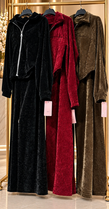 Compleu elegant din catifea cu sclipici, top tip corset cu fermoar si pantalon larg [2]