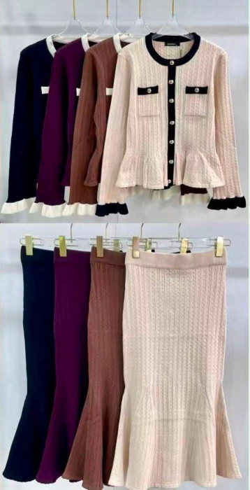 Compleu elegant din tricot cu pulover peplum si fusta midi evazata [2]