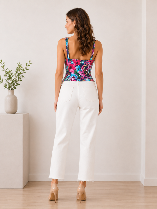 Corset din denim cu imprimeu floral, nasturi frontali si bretele reglabile [2]