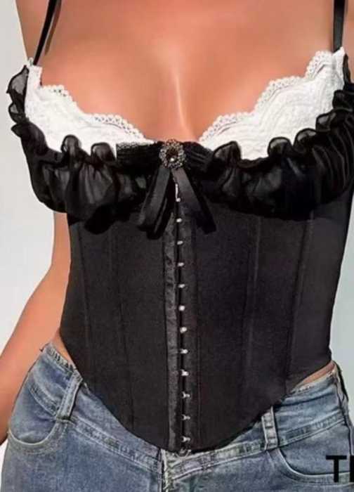 Corset Elegant Negru cu Dantela Alba si Volane – Marimi XS-S [4]