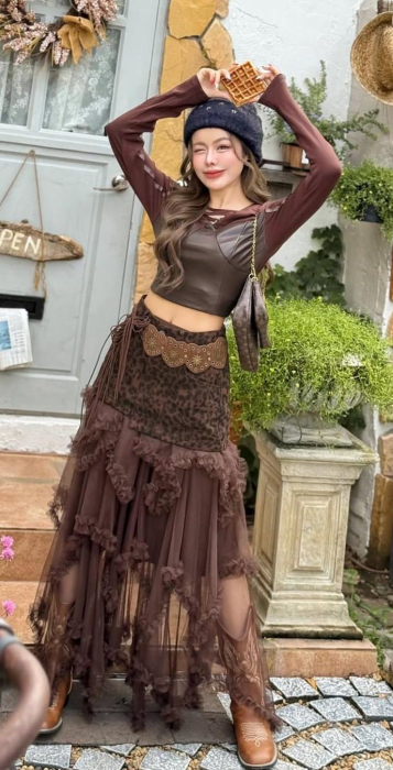 Fusta Lunga Boho Maro - Tulle Volane si Animal Print Leopard [5]