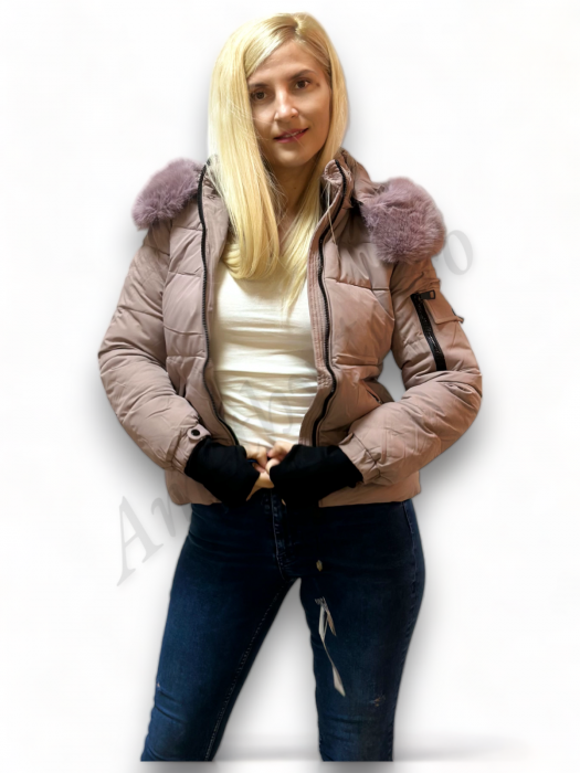 Geaca Dama cu Gluga si Guler de Blana - Roz - Amethysta.ro [4]