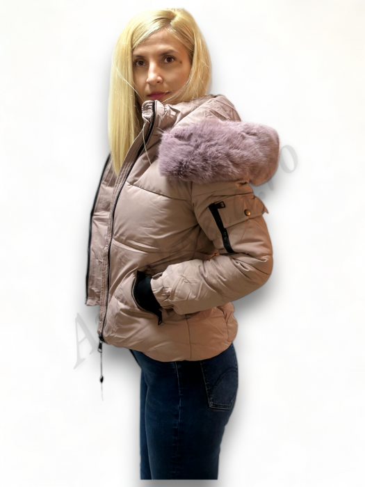 Geaca Dama cu Gluga si Guler de Blana - Roz - Amethysta.ro [5]