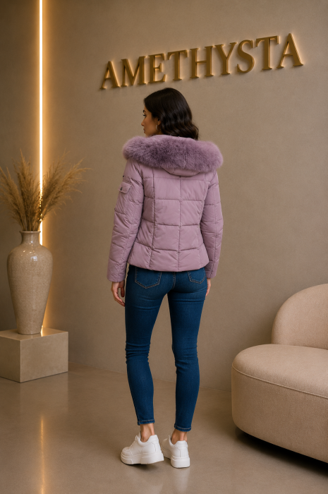 Geaca Dama cu Gluga si Guler de Blana - Roz - Amethysta.ro [3]