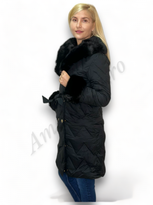 Geaca Dama cu Guler de Blana si Nasturi Aurii - Sarah - Negru - Amethysta.ro [4]