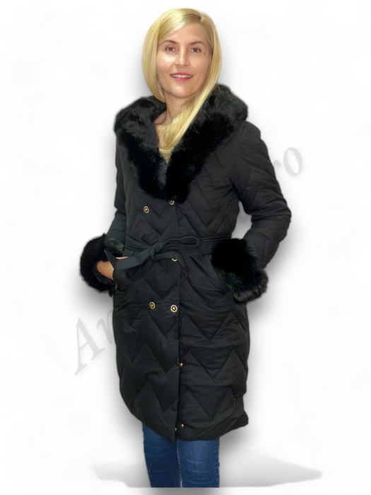 Geaca Dama cu Guler de Blana si Nasturi Aurii - Sarah - Negru - Amethysta.ro [8]