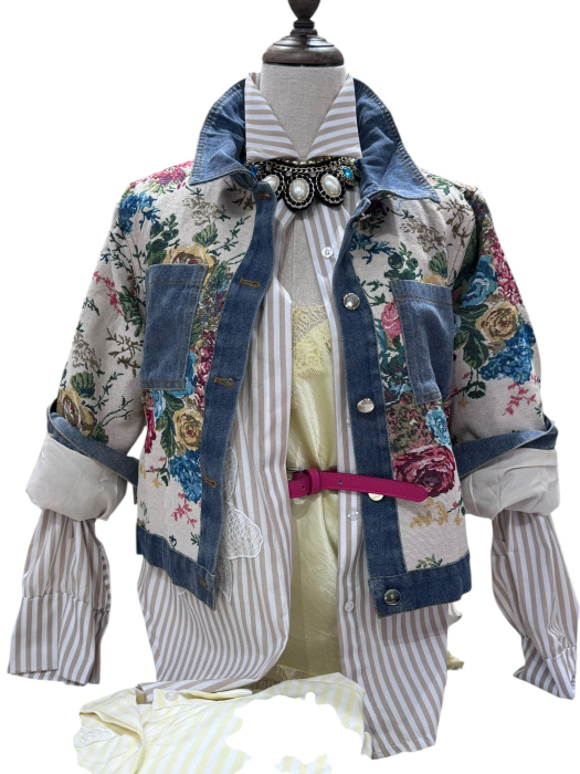 Geaca Scurta Florala cu Insertii Jeans – Marimi S-L [3]