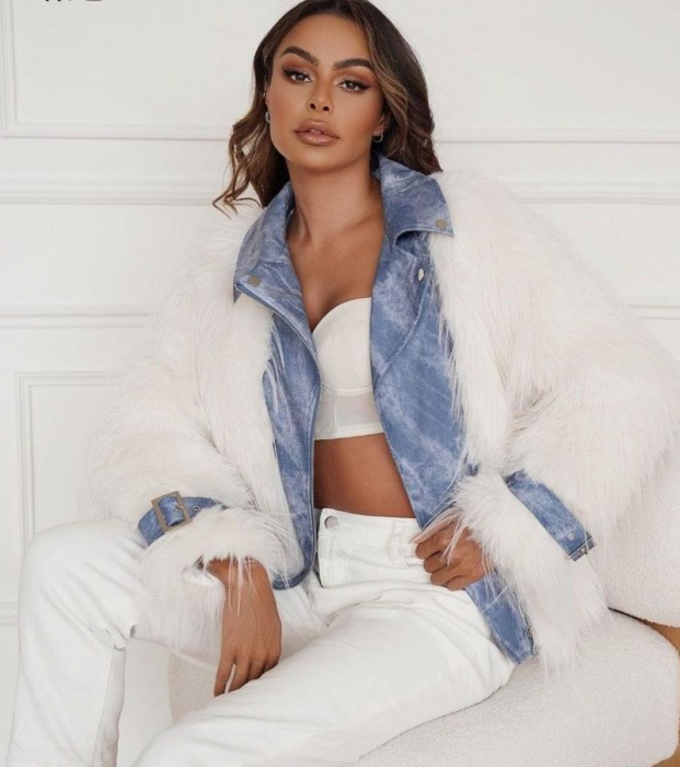 Jacheta Dama Blazer Blana Artificala si Denim [8]