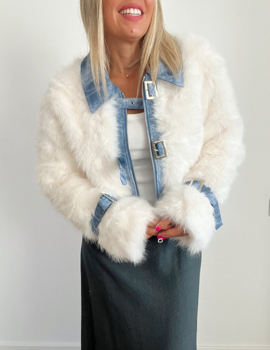 Jacheta Dama Blazer Blana Artificala si Denim [6]