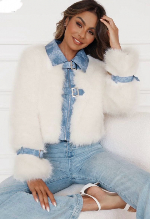 Jacheta Dama Blazer Blana Artificala si Denim [3]
