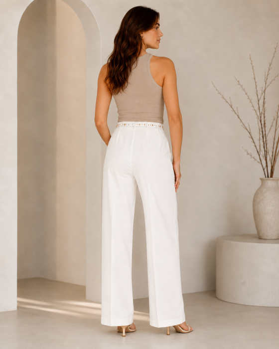 Pantaloni albi eleganti dama cu talie inalta si curea inclusa [2]
