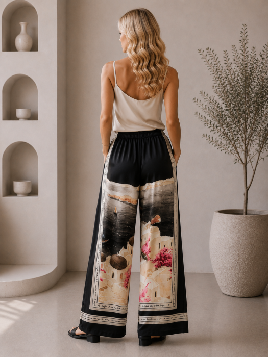 Pantaloni Amalfi largi cu imprimeu mediteranean si talie elastica [2]