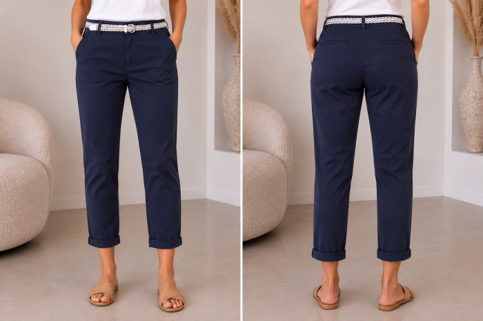 Pantaloni bleumarin cu curea impletita si croi conic din bumbac [2]
