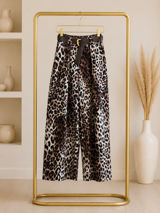Pantaloni dama animal print cu curea, croi evazat si talie inalta [2]