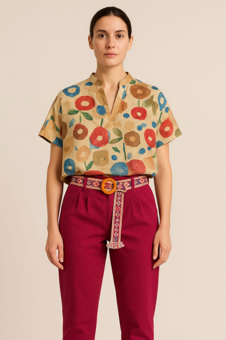 Pantaloni dama casual cu curea etnica si talie elastica [3]