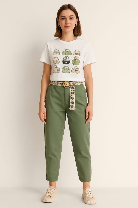 Pantaloni dama casual cu curea etnica si talie elastica [4]