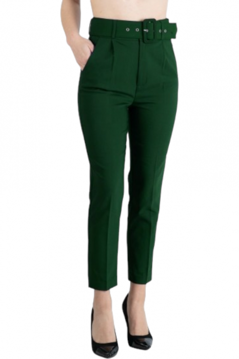 Pantaloni dama cu dunga si curea asortata - Sammy - verde inchis [3]