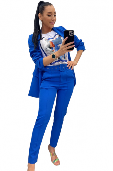 Pantaloni dama cu dunga si curea asortata - Sammy - albastru electric [1]