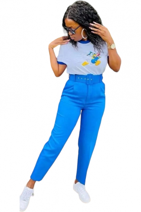 Pantaloni dama cu dunga si curea asortata - Sammy - albastru electric [5]