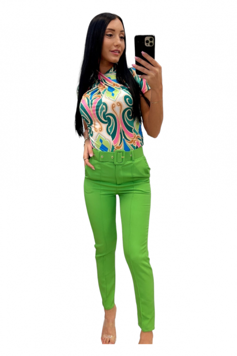 Pantaloni dama cu dunga si curea asortata - Sammy - verde deschis [2]