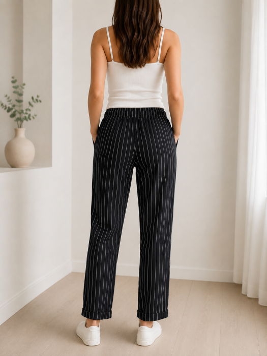 Pantaloni dama cu dungi albe si elastic, croi drept negru [2]