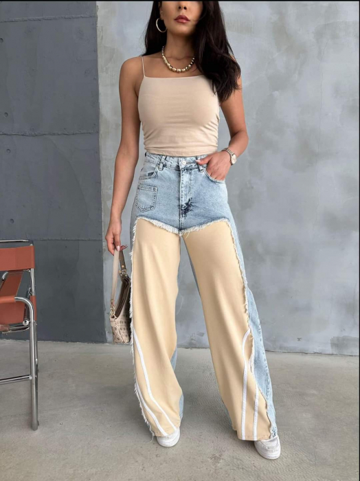 Pantaloni dama lungi denim - Blugi Mom Wide Leg Denim Blend Bumbac - Talie inalta - JUSTT [6]
