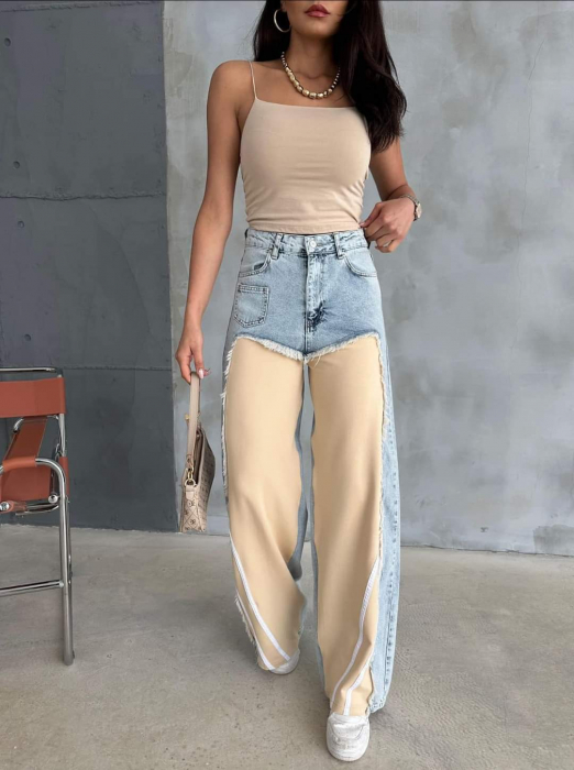 Pantaloni dama lungi denim - Blugi Mom Wide Leg Denim Blend Bumbac - Talie inalta - JUSTT [1]