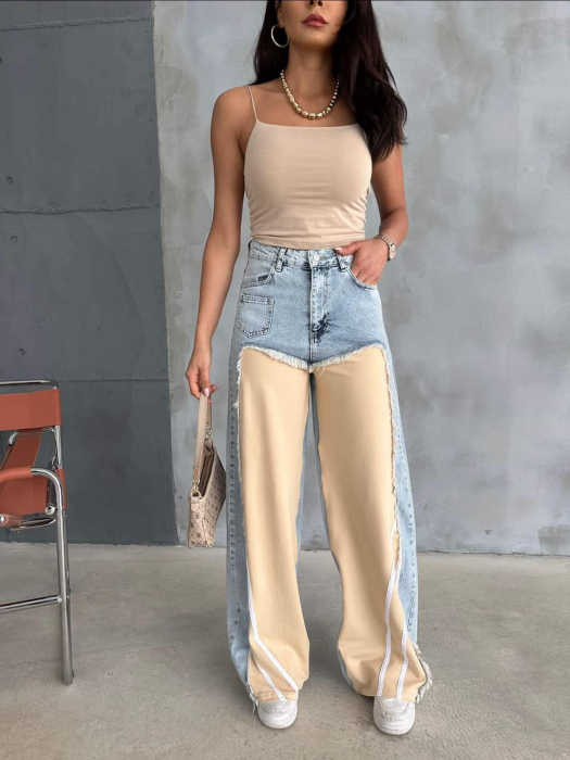Pantaloni dama lungi denim - Blugi Mom Wide Leg Denim Blend Bumbac - Talie inalta - JUSTT [3]