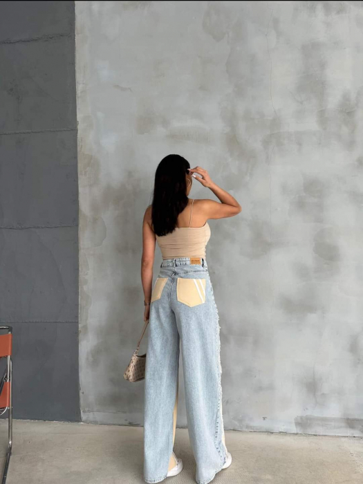 Pantaloni dama lungi denim - Blugi Mom Wide Leg Denim Blend Bumbac - Talie inalta - JUSTT [4]