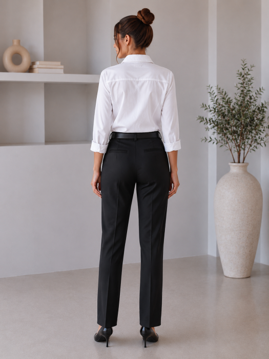Pantaloni dama office negri cu talie inalta si curea cu detalii argintii Victoria [2]
