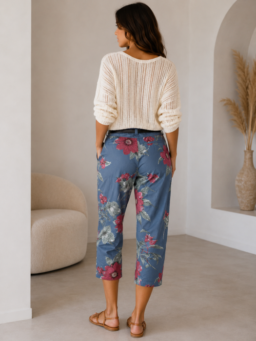 Pantaloni dama trei  sferturi din bumbac cu imprimeu floral si curea [2]