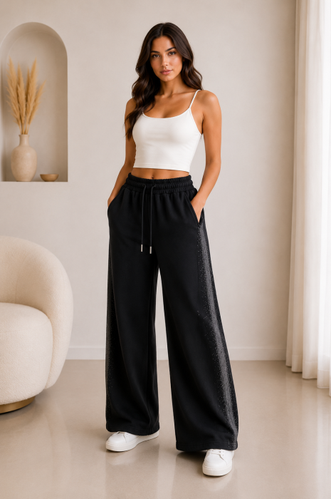 Pantaloni de trening wide leg dama cu banda laterala spray gri-negru bej [3]