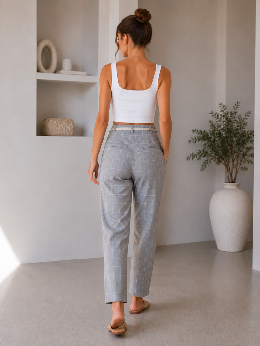 Pantaloni gri office cu curea si imprimeu in carouri, eleganti si moderni [3]