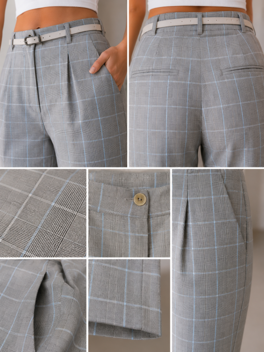 Pantaloni gri office cu curea si imprimeu in carouri, eleganti si moderni [2]