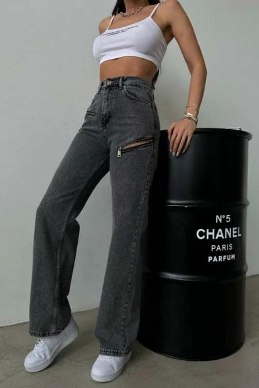 Pantaloni lungi denim - Blugi Croi Wide Leg si Decupaje cu Fermoar [2]