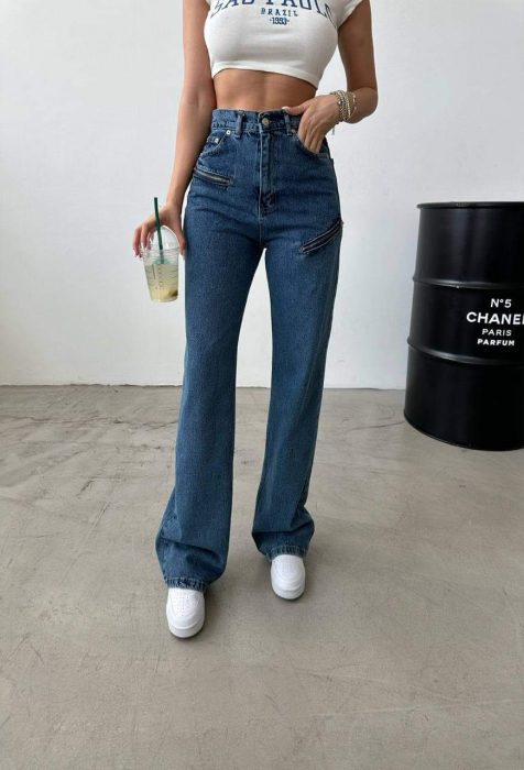 Pantaloni lungi denim - Blugi Croi Wide Leg si Decupaje cu Fermoar [1]