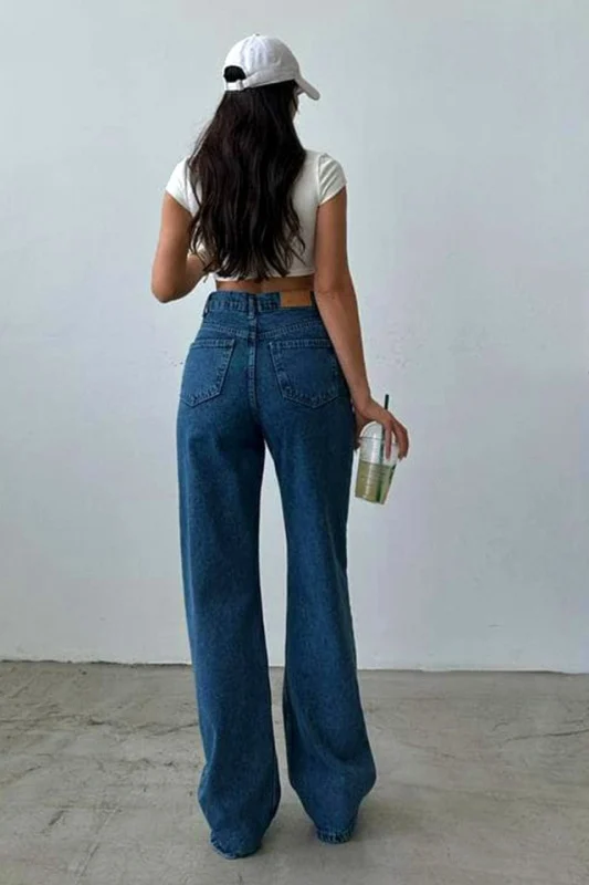 Pantaloni lungi denim - Blugi Croi Wide Leg si Decupaje cu Fermoar [3]