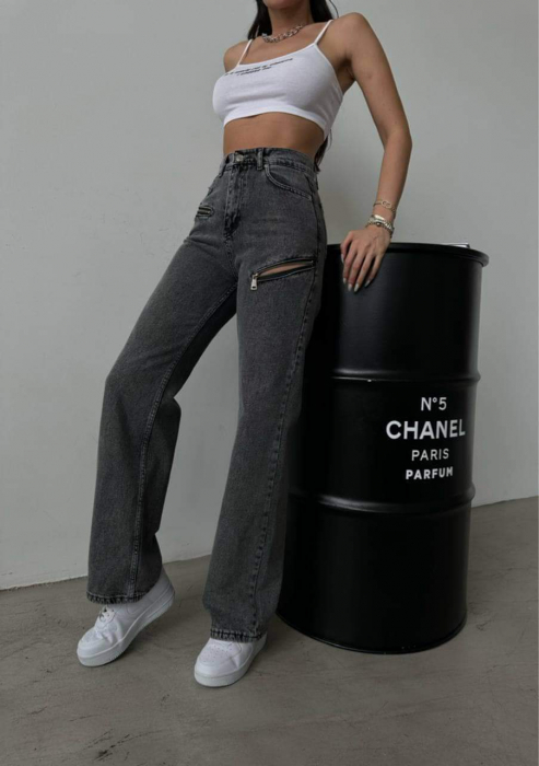 Pantaloni lungi denim - Blugi Croi Wide Leg si Decupaje cu Fermoar [3]