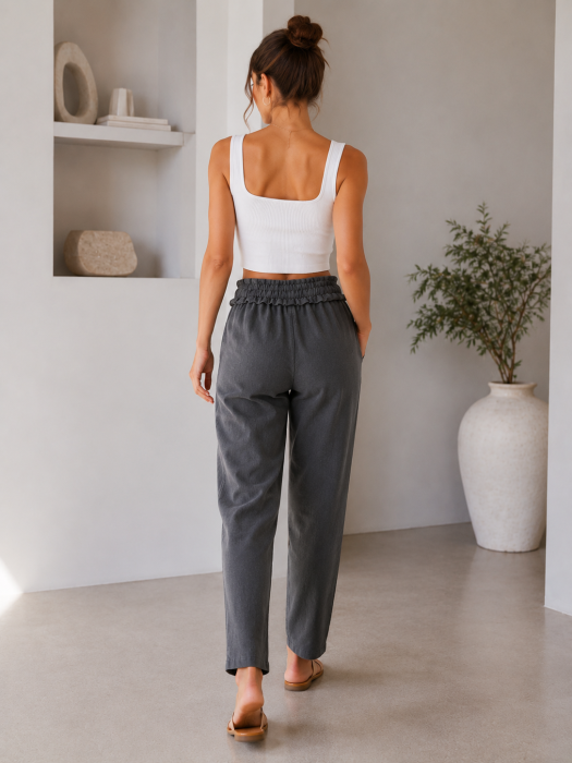 Pantaloni office gri cu talie elastica si croi lejer [2]