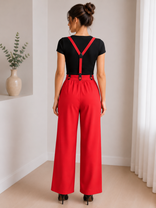 Pantaloni rosii cu bretele detasabile si croi drept elegant [2]