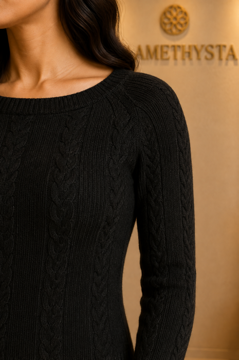 Pulover negru tricotat cu model torsade si croi mulat [3]