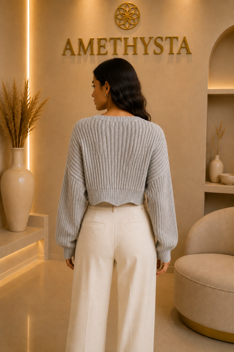 Pulover scurt gri din tricot cu tiv asimetric si mohair [2]