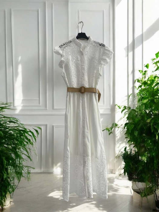 Rochie alba din bumbac brodat, marime universala, cu curea si nasturi [2]