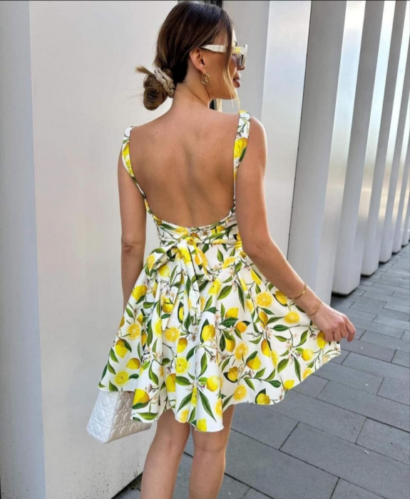 Rochie mini evazata cu imprimeu fructe sau animal print, bretele late si decolteu patrat – model vara [5]