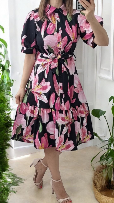 Rochie camasa midi cu imprimeu floral, croiala evazata, talie inalta, stil casual Sarmina [1]