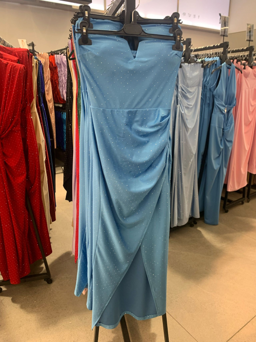 Rochie creion satinata cu bretele subtiri si strasuri – croi mulat, cupe buretate, slit frontal, marime universala [1]