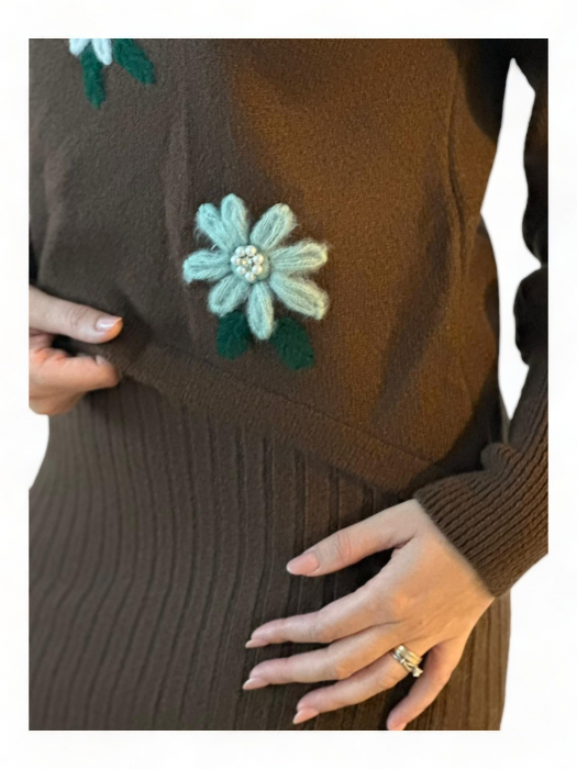Rochie Dama 2 in 1 Amos cu Pulover Flori 3D Maro [4]